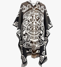 Aztec Calendar Brown Alpaca Wool Poncho Gaban Serape Sweater Indigenous Unisex