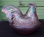 Fenton Glass - Iridescent Pink Rooster on Nest - Carnival Glass - Vintage
