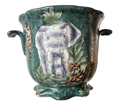 Small Hand Painted Vase/Planter African Animals In a Gray Green Background.