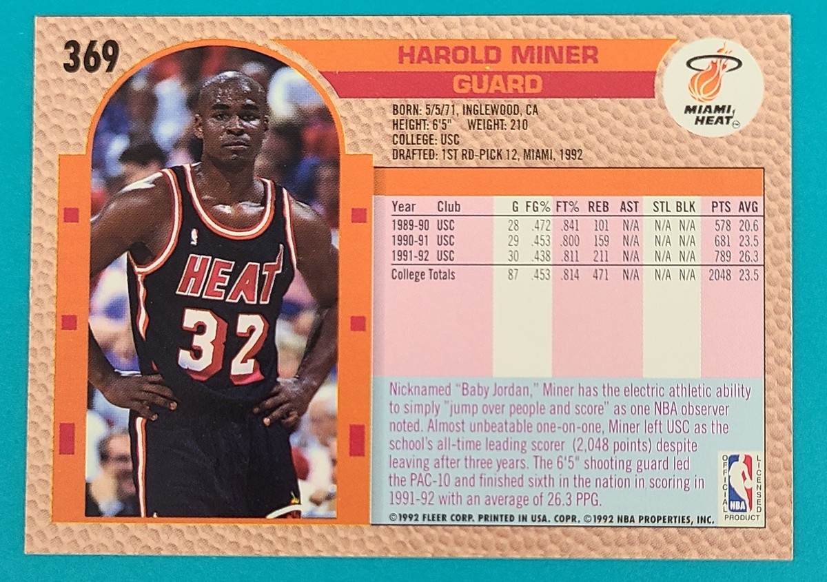 1992-93 Fleer RC #369 Harold Miner Miami Heat BASKETBALL Card D9