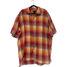 Scott Barber Button Up Shirt Men XL Orange Green Madras Plaid Linen Short Sleeve