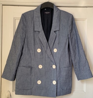 Marks & Spencer Jacket Womens UK 10 Blue Double Breasted Linen Blend Blazer