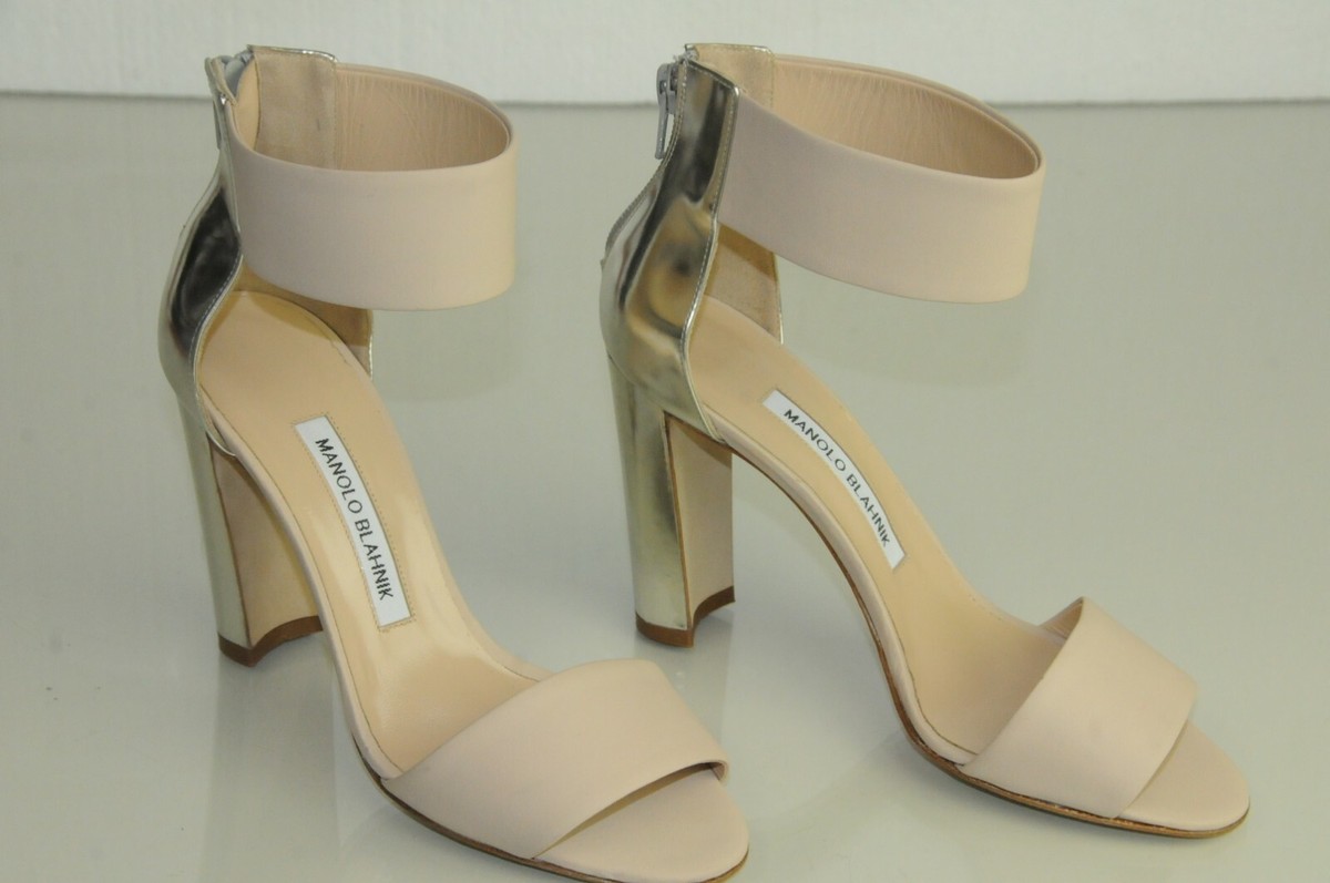 Sandales à Talons épais Manolo Blahnik Dunedapla - Taille 37 - Beige Nude Mat Argenté - Neuf Sans Boîte
