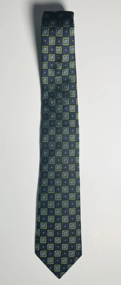 Corbata Ike Behar 100 % seda verde/púrpura/azul/negro cuadrados/puntos naranjas 3 1/16" Foto 2 de 4