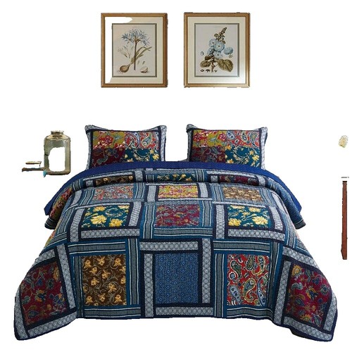 YAYIDAY Copriletto trapuntato king size patchwork, 100% cotone, reversibile, traspirante, con foglie verdi, trapuntato, con federe per tutte le stagioni