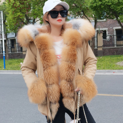Women's Large Real Red Fox Fur Collar Cuff Hooded Coat Rabbit