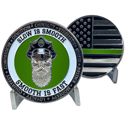 Thin Green Line Challenge Coin SLOW IS SMOOTH, SMOOTH IS FAST Beard Gang Skull P