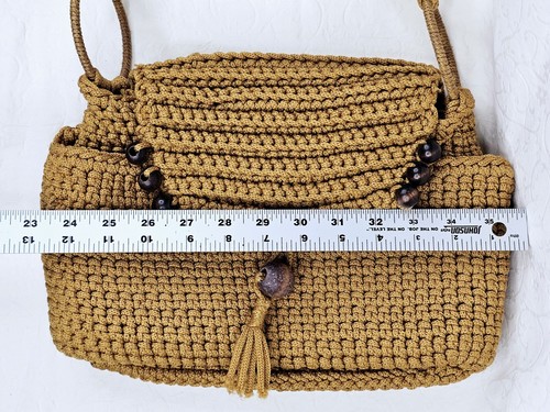 1960-1970s Crochet Purse Ochre Shoulder Bag 13x9x3 Vintage Handmade, Wood Beads - Picture 6 of 9