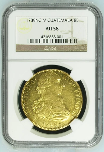 1789 NG M Guatemala Gold 8E Escudos NGC AU58 Rare Top Pop of Only 8 Graded Coins