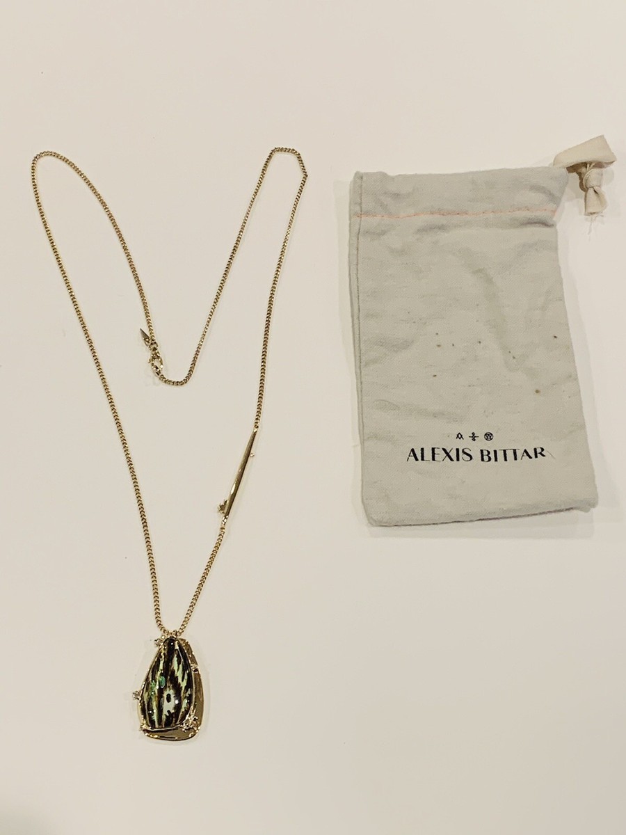 Alexis Bittar Necklace Lucite Crystal Wood Grain Pendant Gold