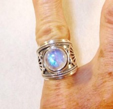Rainbow Moonstone Round Ring Wide Band w/ Design Sterling Silver Size 5.75 , 8.5