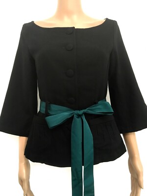 Blancs Manteaux Paris Cotton Peplum Top Ribbon Tie Pockets Wide Neck Black Sz 36