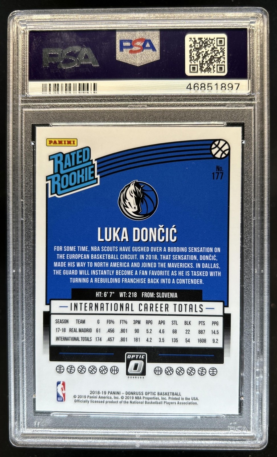2018-19 Panini Donruss Optic Luka Doncic Rookie RC #177 Mavericks PSA 10 view 2