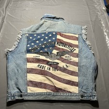 Vintage 90s Harley Davidson Denim Vest Made in USA Flag Eagle American V-Twin XL