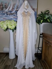 White Chiffon Womens Embroidered Hooded Abaya