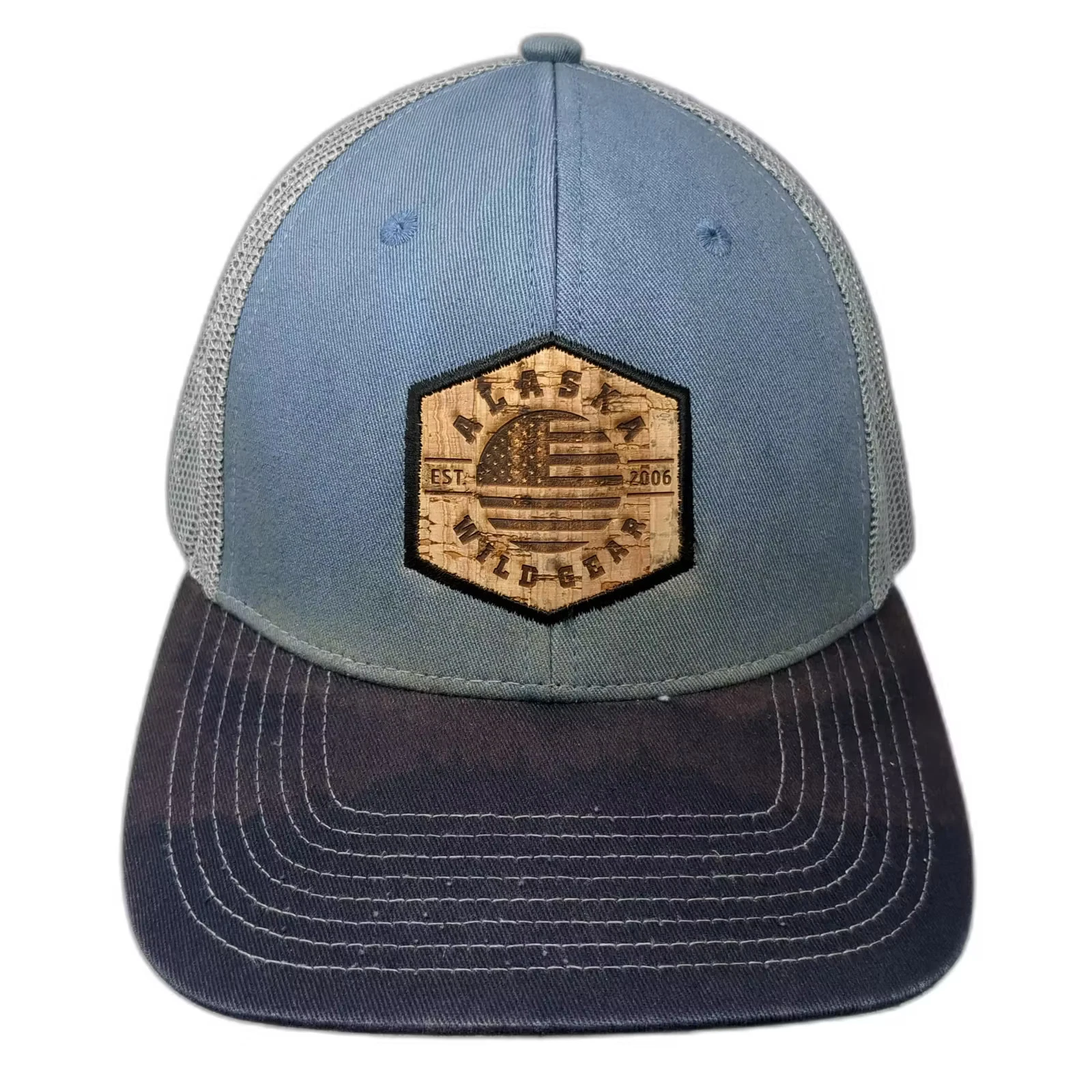 Outdoor Cap Blue Gray Trucker Hat OS Cork Patch Mesh Back Snapback Adjustable