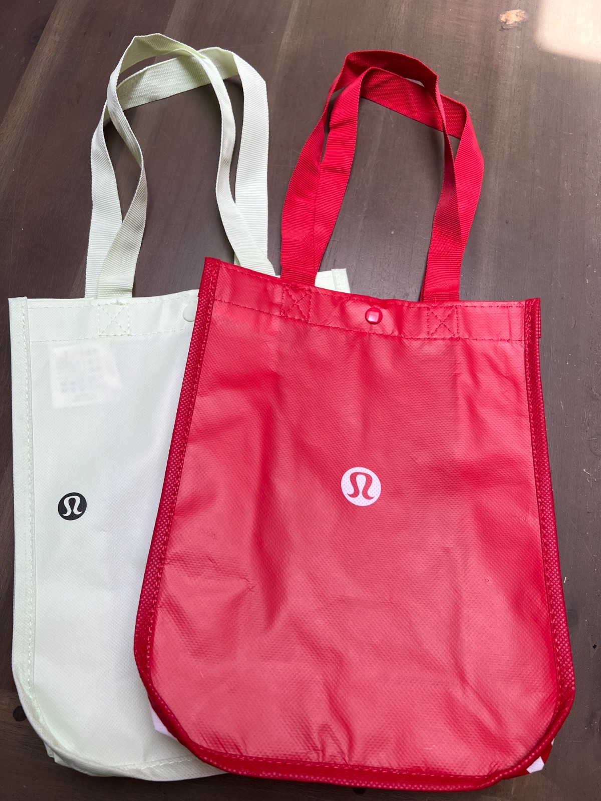 NEW TWO LULULEMON SMALL, SHOPPING TOTE, BAG, MINT GREEN & RED, REUSABLE