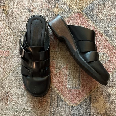 Vtg Y2K Black Predictions Leather Clogs Mules Buckle Sz 7.5-8 Cottage Fisherman