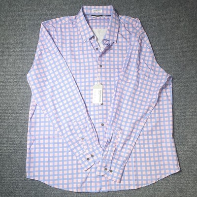 Men's 2XL Blue Pink White Check Long Sleeve Four Way Stretch Button-Up Shirt