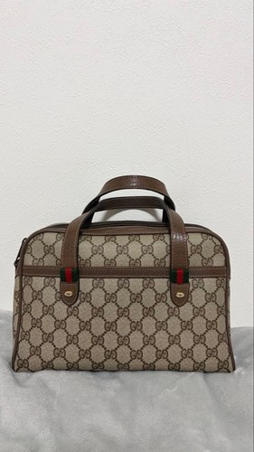 GUCCI GG Sherry Line Hand Bag Ziplock Leather PVC Brown Beige Vintage From Japan