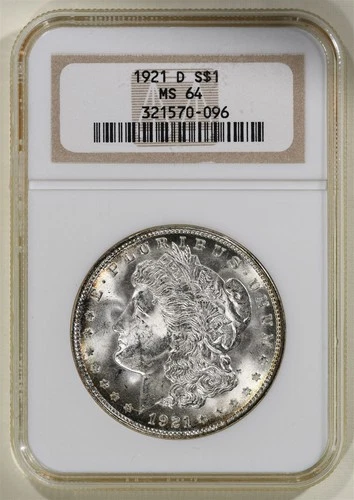 1921-D Morgan Silver Dollar NGC MS64 with NICE Rim Toning