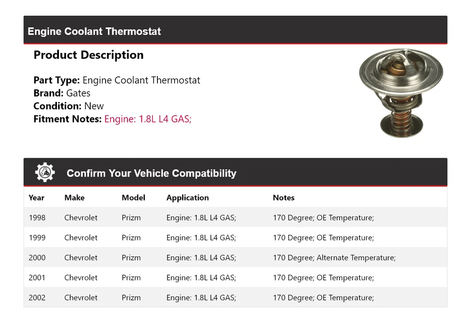 For 1998-2002 Chevrolet Prizm 1.8L L4 GAS Engine Coolant Thermostat Gates 1999 - Image 2 of 4