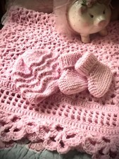 Homemade Hand Knitted Baby Blanket With Hat And Booties Set Newborn