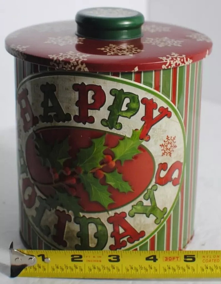 Lindy Bowman Happy Holidays Tin Canister Red & Green Holly Christmas | eBay