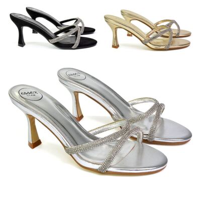 Damen-Slipper Pantoletten mit Absatz Sandalen Damen-Stiletto-Riemchen Diamanten Größe