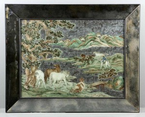 ANTIQUE CHINESE REVERSE Mirror PAINTING Horses Warrior Landscape LARGE