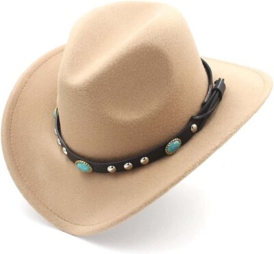 Beige Western Cowboy, Cowgirl Hat, Turquoise Strap, Men Women Retro Wide Brim