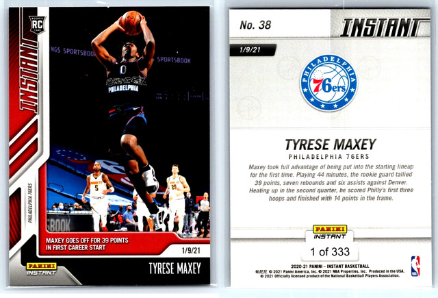 2020-21 Panini Instant #38, Tyrese Maxey, 39 points, 1/9/21, Rookie