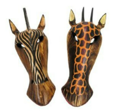 10'' JUNGLE ZEBRA GIRAFFE HANDMADE TRIBAL WALL MASK WOOD AFRICAN SAFARI TROPICAL