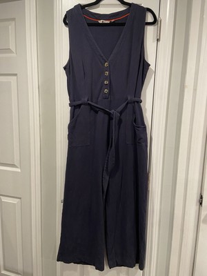 Boden Bryony Jersey Jumpsuit Navy Blue Cropped Sleeveless Cotton Button Size 14