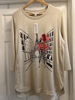 Kiss And Fly Paris France Gold Rhinestone 3/4 Sleeve Tan Sweater Size XL NWT