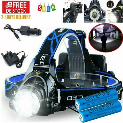 Stirnlampe Kopflampe LED Scheinwerfer Wiederaufladbar Wasserdicht 2X18650 DE