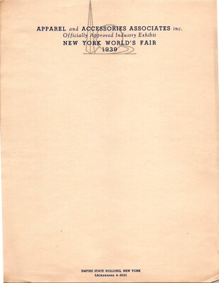 Apparel & Accessories Exhibit NY Worlds Fair 1939 Letterhead New York NY