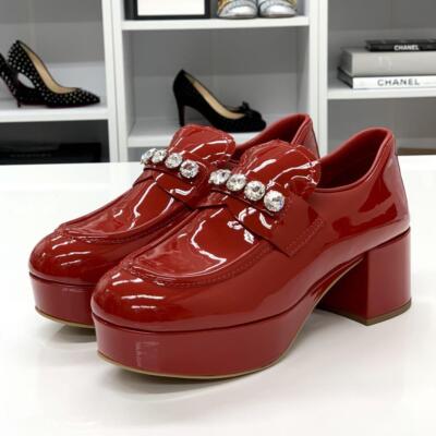 miu miu Red Patent Leather Bijou Heel Loafer Pumps Unused EU Size 