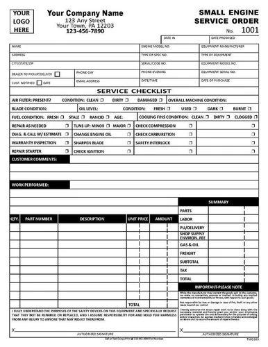 Small Engine Repair Service Work Order / 8.5 x 11 / 2 or 3 Part / TMG165