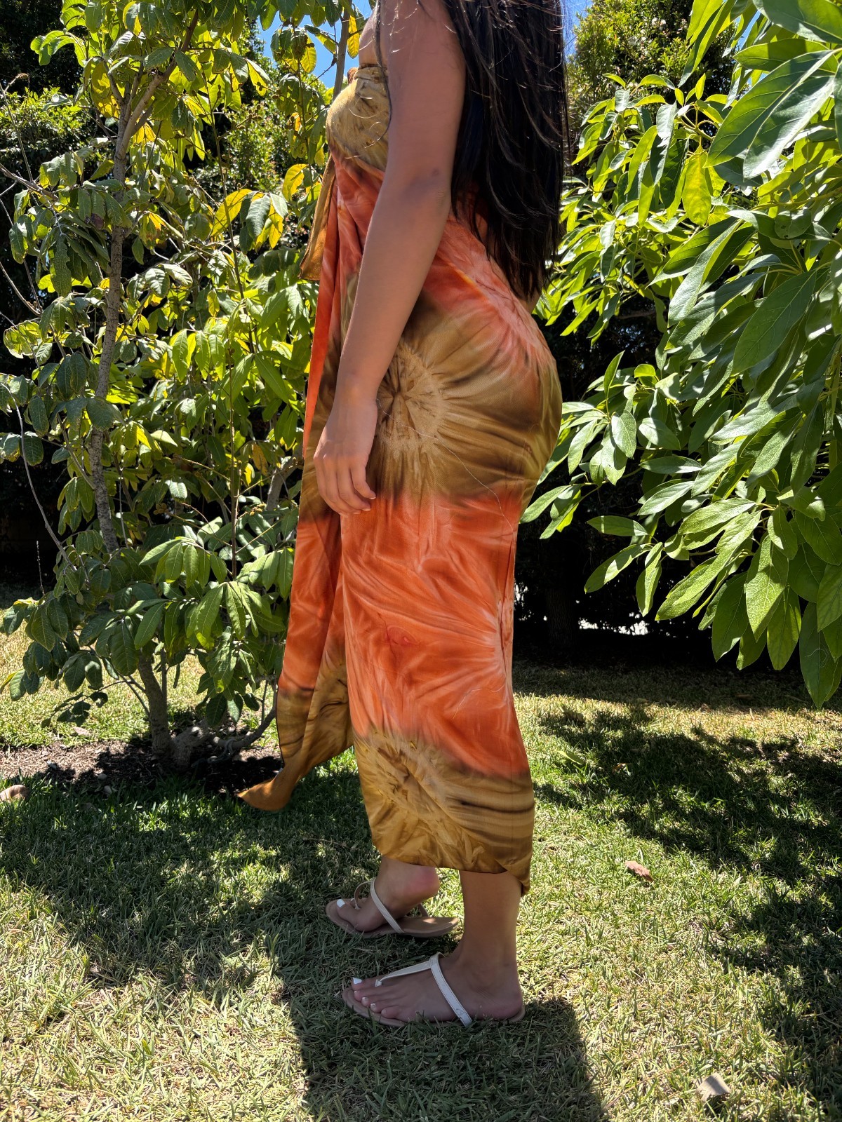 Hawaiian Design Sarong Orange Tan Brown Tie Dye Luau Wrap Beach Pareo Dress