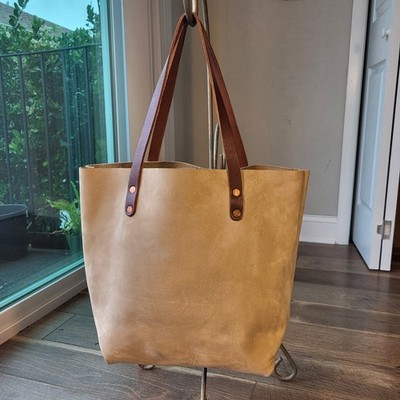 KMM & Co Full Grain Leather Tote Bag Tan Brown Straps Handmade Copper Rivets
