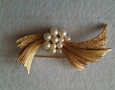 Trifari Faux Pearl Figural Bow Brooch