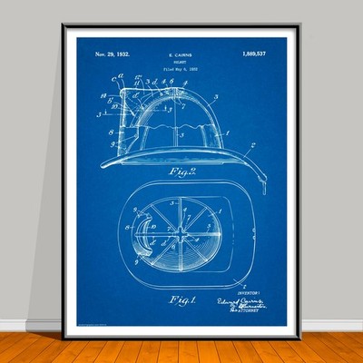 1932 Cairns Helmet Patent Art Print Poster, Fire Station Decor