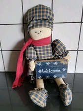 Anco 1997 Primative Doll With Welcome Sign Snowflakes Blue Gingham Hat Shoes 
