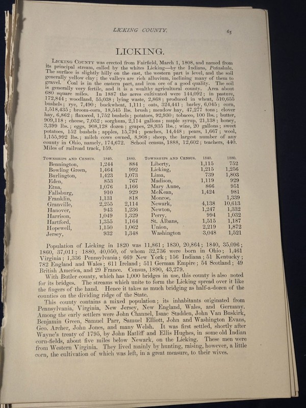 Licking County Ohio Ephemera 1896 Historical Collections Of Ohio Henry Howe LL.D