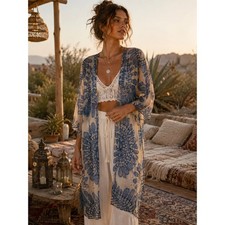 Boho Sheer Blue White Embroidered Mesh Kimono Duster Cardigan Longline Large