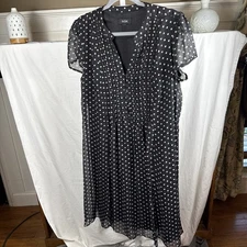 MSK Black w Cream Polka Dot Dress Sz L/XL Pintuck Pleats Work Casual Flirty