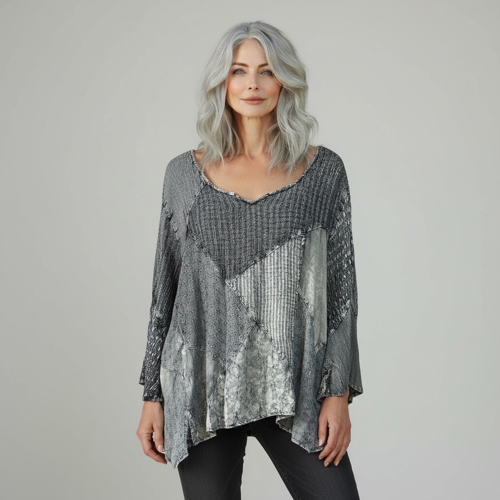 Sacred Threads Patchwork Textured Top Gray Mixed … - image 1