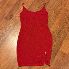 Windsor Red Glitter Knit Bodycon Mini Dress Scoop Neck Strappy Sleeveless L