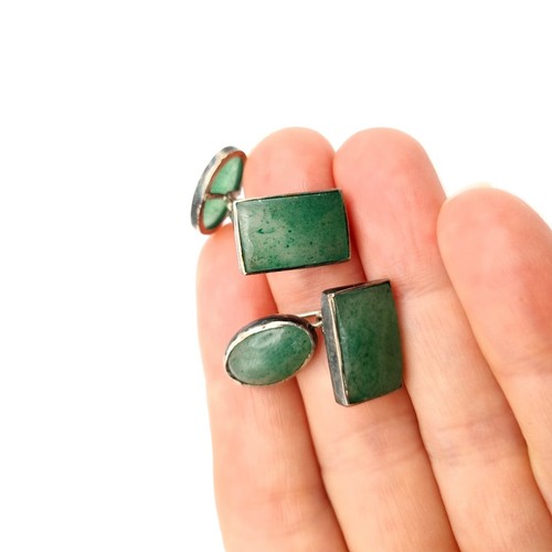 Aventurine Gem Set Cufflinks In Silver Mounts Handmade Chain Link - Picture 5 of 9